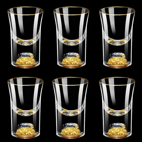 Vista 8 de Juego de 6 vasos de chupito de 0.3 fl oz (0.33 onzas) Shot Cups Decorated with 24K Gold Flakes for Whiskey, Tequila, Vodka, Mini Shot Glass