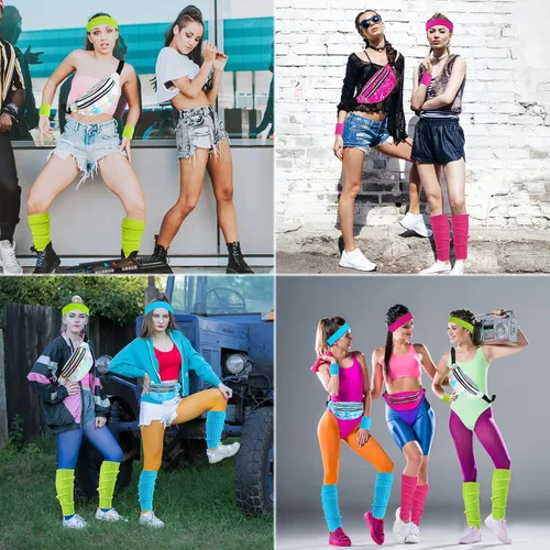 Vista 7 de ONUPGO Calentadores de piernas para mujer, accesorios de disfraces de los años 80, riñonera holográfica, calentadores de piernas de neón de punto