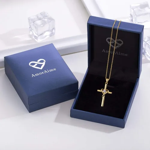 Vista 7 de AmorAime Collar con cruz de plata de ley 925 para mujeres y hombres, chapado en oro de 14 quilates, collares de piedra natal de circonita cúbica 5A