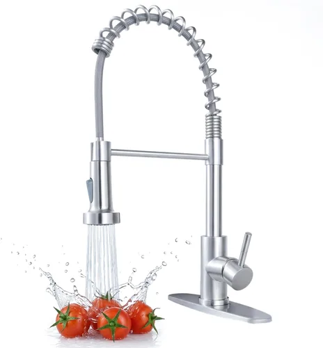 Vista 12 de Grifo de cocina de perfil bajo extraíble con rociador, grifo de fregadero de lavandería de acero inoxidable de una sola manija con níquel cepillado