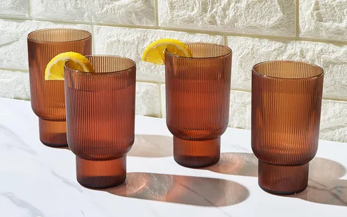 Vista 2 de Juego de 4 vasos altos de acrílico inastillables, estilo europeo, aptos para lavavajillas, acanalados, juego de 4, tritán estriado, plástico Naranja