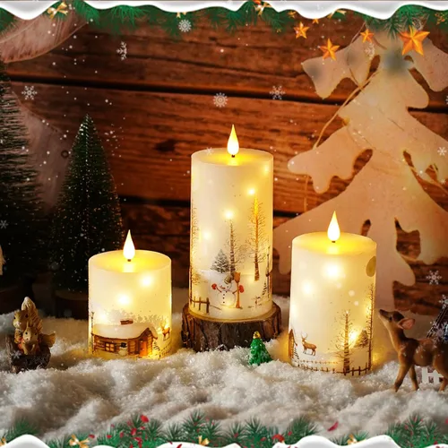 Vista 6 de Velas sin llama de Navidad con control remoto - Velas LED blancas y luces de cadena, juego de 3 con pilas (D3 x A4/5"/6") para decoración