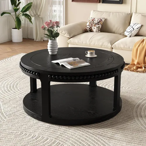 Vista 10 de KEVINSPACE Mesa auxiliar negra con borde dorado en la parte inferior, mesa de centro redonda para espacios pequeños, mesa auxiliar de madera mesita