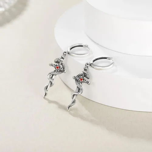 Vista 3 de Aretes de plata de ley con estampado de pata, espada, pavo real, calavera, perro, gato, serpiente, pequeños aretes de aro para cachorros, joyería