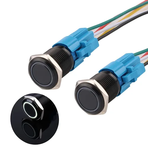 Vista 13 de Interruptor de botón con cierre de 0.630 in, anillo 3A, LED, 12V-24V, interruptor de botón de metal negro, carcasa de aluminio autobloqueante