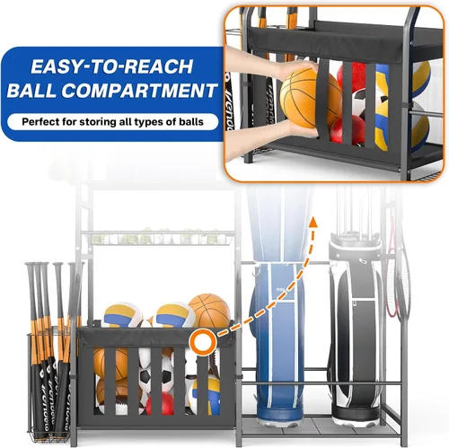 Vista 6 de Heavy Duty Garage Sports Equipment Organizer, All-in-One Golf Bag Storage Rack & Multi-Sport Ball Holder for Basketballs, Bats & Kids Toys