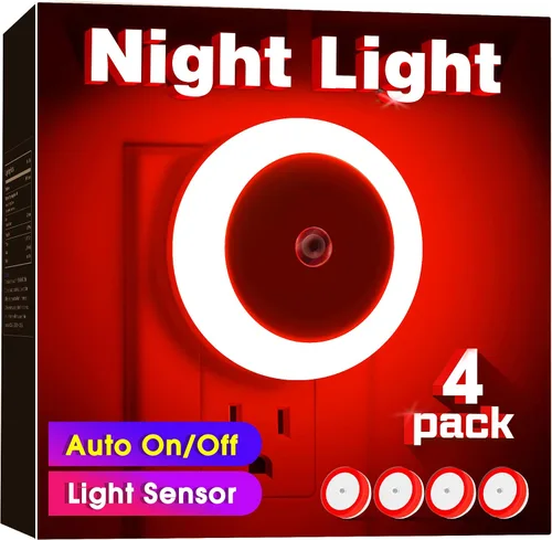 Vista 8 de Briignite Paquete de 4 luces nocturnas LED rojas, sensor de atardecer a amanecer, enchufable, 60 lúmenes, 0.6 W, plástico ABS, perfecto