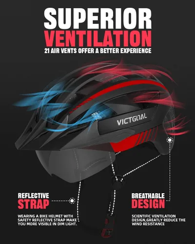 Vista 3 de VICTGOAL Casco de bicicleta con luz trasera recargable por USB, gafas magnéticas desmontables, visera solar extraíble, cascos de bicicleta de Negro