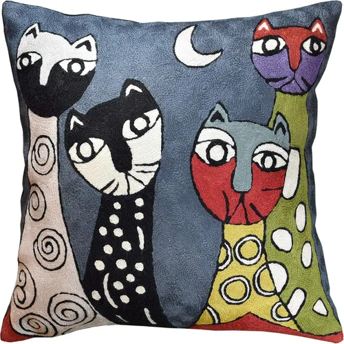 Vista 22 de Funda de almohada lumbar Picasso - Cojín abstracto de gatitos azules - Lana bordada a mano tamaño 14 x 20 Almohada lumbar Blue Cats