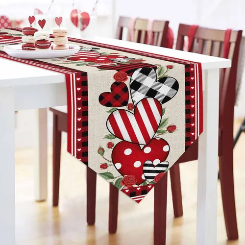 Vista 3 de Camino de mesa de corazón de amor para el día de San Valentín, camino de mesa de arpillera antideslizante, decoración retro de lino para casa