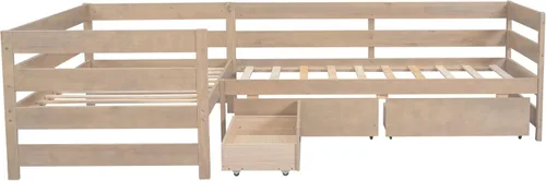Vista 9 de Cama de plataforma de tamaño individual, cama individual en forma de L con tres cajones de almacenamiento, natural