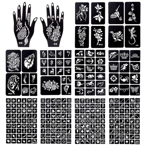 Vista 9 de Koogel Kit de plantillas de tatuaje de henna de 18 hojas, 97 plantillas de tatuaje con brillantina temporal para pintura facial y arte corporal