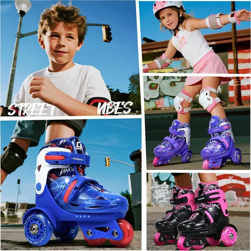 Vista 7 de Patines para niños pequeños con diseño de dinosaurio genial, zapatos de patinaje de entrenamiento para niños con triple protección de seguridad, 4