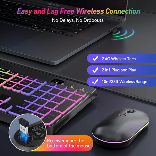 Vista 2 de Combo de teclado y mouse inalámbricos con retroiluminación, teclado ergonómico de tamaño completo 2.4G con letras iluminadas, mouse RGB recargable