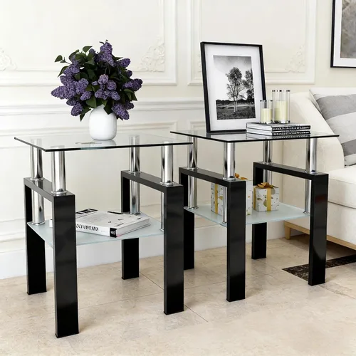 Vista 12 de Juego de 2 mesas auxiliares de cristal, mesa auxiliar pequeña de 2 niveles con parte superior de vidrio templado y patas de metal, mesa de esquina
