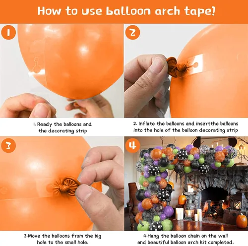 Vista 3 de Kit de arco de globos de Halloween de 155 piezas, kit de guirnalda de globos de color negro, naranja, morado y verde, con arañas de telaraña