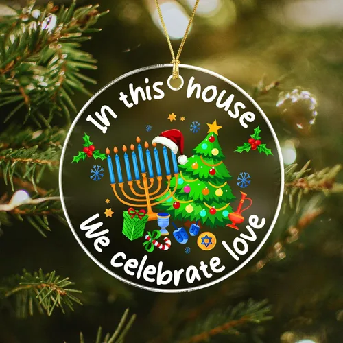 Vista 4 de Adorno Colgante para Árbol de Navidad de Janucá – En Esta Casa Celebramos el Amor – Adornos de Janucá para Árbol – Decoración Interreligiosa