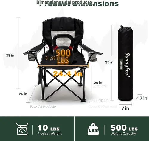 Vista 2 de SUNNYFEEL Silla de campamento plegable de gran tamaño de 500 LBS, sillas de jardín resistentes para adultos, color negro, portátil, plegable