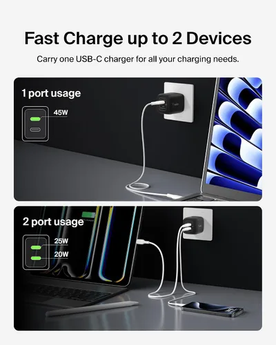 Vista 3 de Belkin 45W Dual USB C Charger Block,PD3.0 w/GaN-Super Fast Charging-Samsung Galaxy S25,Apple iPhone 17, Air, Pro, Pro Max,iPad,MacBook,AirPods,Apple