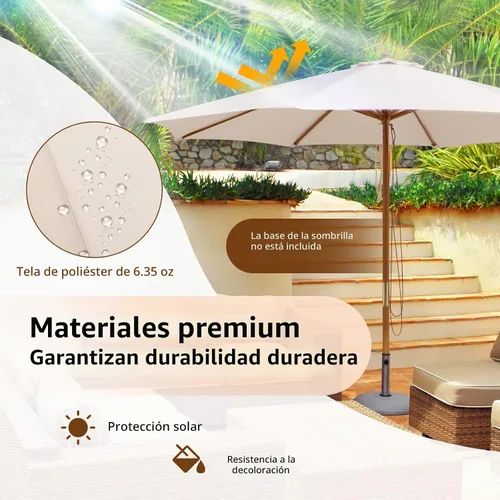 Vista 5 de HAPPYGRILL Sombrilla de madera para patio de 10 pies con polea de cuerda y Beige