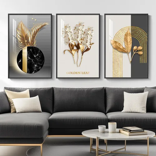 Vista 17 de Arte de pared moderno enmarcado en blanco y negro, 3 piezas de impresiones contemporáneas grandes para paredes, juego de 3 imágenes de hojas doradas