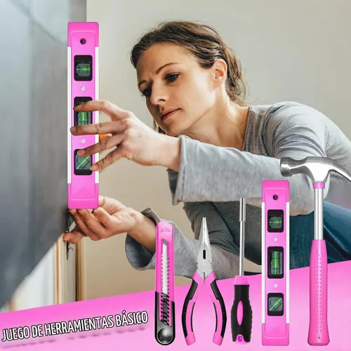 Vista 5 de Juego de herramientas rosa, juego de 130 piezas para el hogar para mujeres con destornillador recargable inalámbrico de 3.6V, juego básico