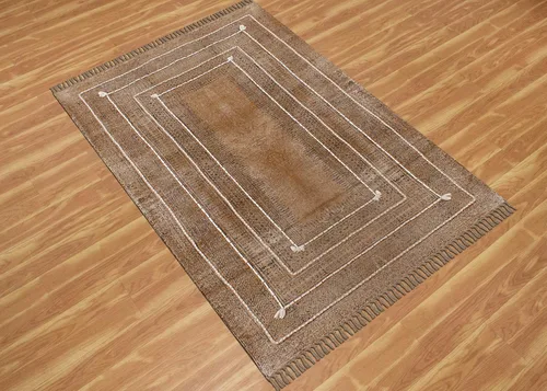 Vista 7 de Kilim Alfombra de Área 2x3 pies, color marrón bronce, diseño abstracto, estampado a mano en bloque, algodón Dhurrie, lavado a mano en superficie