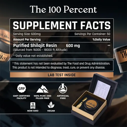Vista 2 de Shilajit puro del Himalaya para hombres y mujeres, 600 mg, 50 porciones, grado oro, prueba de laboratorio incluida, ácido fúlvico de máxima potencia