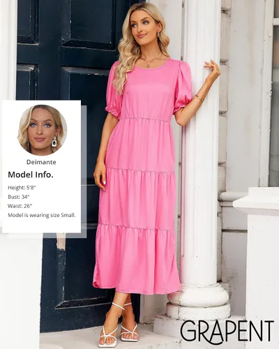 Vista 2 de GRAPENT Vestido de mezclilla para mujer, de verano, casual, manga abombada, por debajo de la rodilla, escalonado, acampanado, cintura elástica