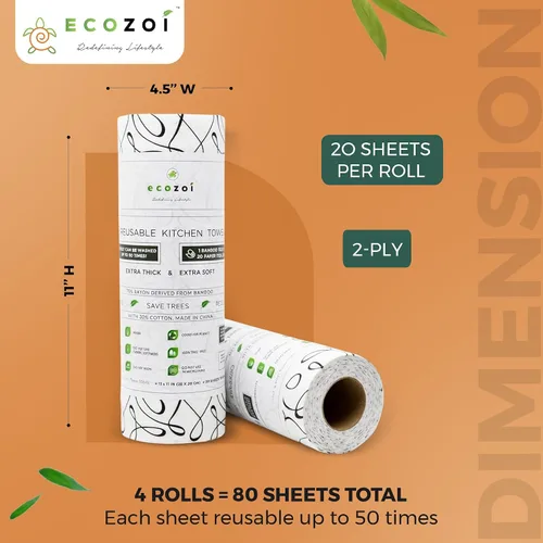 Vista 3 de Ecozoi Toallas reutilizables de rayón de bambú, paquete de 4, equivalentes a 80 rollos regulares, 70% rayón de bambú y 30% algodón, 50 veces más uso