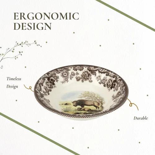 Vista 6 de Spode Woodland American Wildlife Ascot - Cuenco para cereales, diseño de bisonte, cuenco de loza fina de 8 pulgadas para cereales, ensaladas