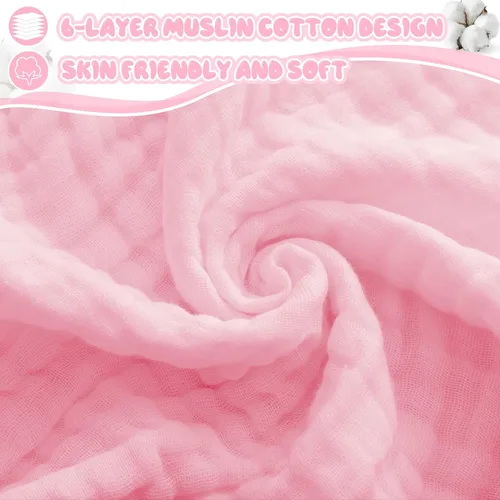 Vista 4 de Preboun 6 toallas de muselina con capucha para bebé, gris, rosa, blanco