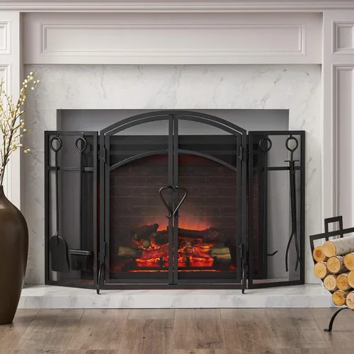 Vista 2 de Christopher Knight Home Darlene - Pantalla plegable de hierro moderno para chimenea con puerta y herramientas, color negro mate
