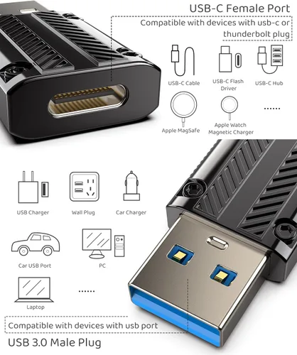 Vista 2 de LMUBOY Adaptador USB a USB-C Pack-2, convertidor USB tipo C hembra a A macho para viajes, compatible con Apple MagSafe, Apple Watch Series 9 8 7