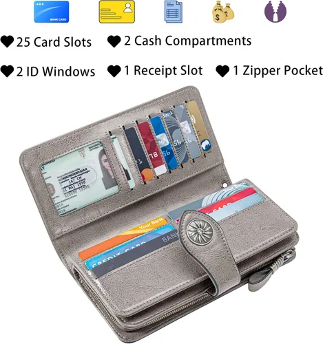 Vista 3 de Travelambo Cartera de mujer con bloqueo RFID para tarjetas de crédito, cartera de cuero de gran capacidad