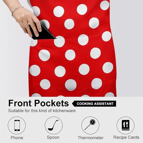 Vista 5 de MUSM Red And White Polka Dots Apron，Classic Vintage Funny with Pockets Aprons,Adjustable Bib Waterdrop Resistant for Kitchen Cooking Restaurant BBQ