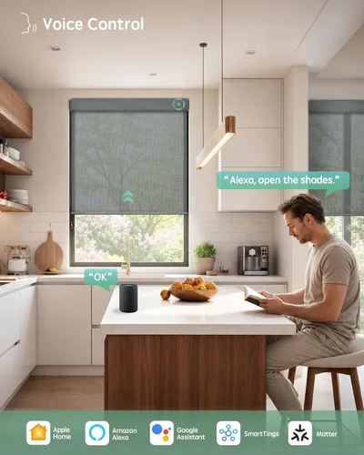 Vista 2 de Yoolax Persianas solares motorizadas que filtran la luz, persianas inteligentes con control remoto, funcionan con Alexa, persianas enrollables