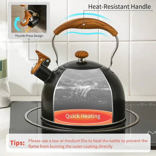 Vista 3 de LONFFERY Tetera para estufa, hervidor de té silbante de 2.5 cuartos de galón, con mango plegable de acero inoxidable de grado alimenticio