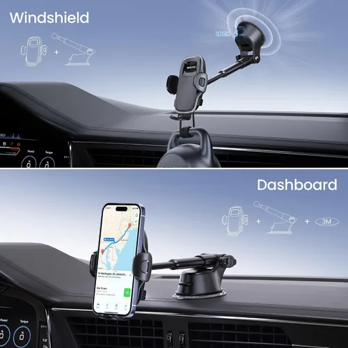 Vista 2 de Soporte de teléfono para automóvil, soporte para parabrisas de salpicadero de automóvil, brazo telescópico ajustable de 360° (4.8-7 pulgadas)