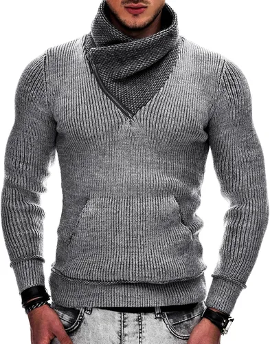 Vista 3 de COOFANDY Suéter de punto de cuello alto para hombre, cuello de chal, ajuste delgado, cuello alto con bolsillos