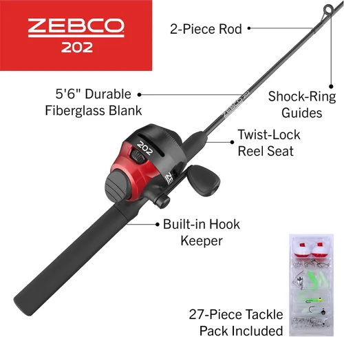 Vista 2 de Zebco Zebco 202 Spincast Reel and Fishing Rod Combo, Pre-Spooled with 10-Pound Cajun Line, Includes Tackle Kit