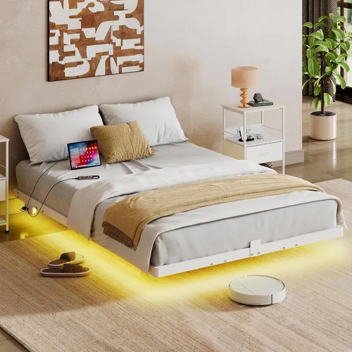Vista 10 de WLIVE Marcos de Cama Queen, Marco de Cama Queen con Cabecero, Marco de Cama Tamaño Queen con Luces LED y Estación de Carga, No Requiere Somier