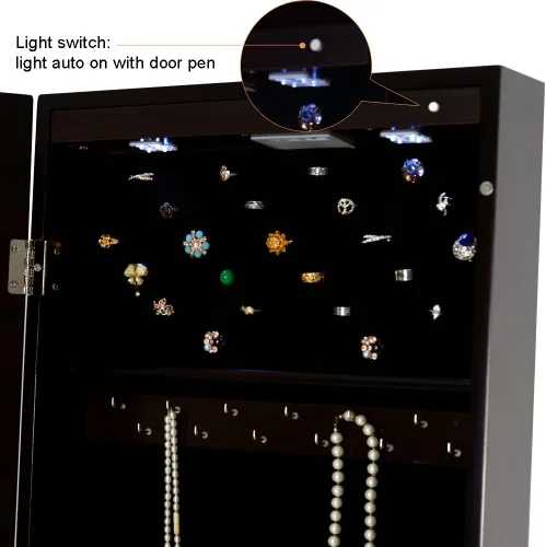 Vista 4 de GLS Armario de joyería con espejo marrón con luz LED y cerradura de madera