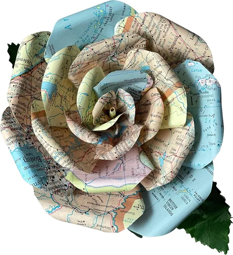 Vista 7 de Flores de papel de mapa hechas a mano, rosa de papel hecha a partir de páginas del Atlas Mundial recicladas, regalos para amantes de los viajes