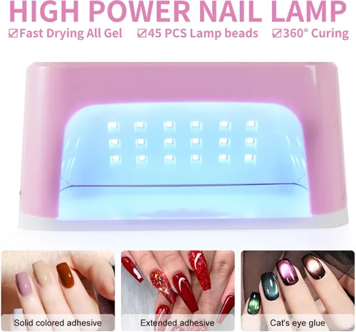 Vista 6 de LIMEGIRL Kit de lámpara de uñas LED UV para esmalte de gel profesional de secado rápido rosa juego de luz secadora con guantes de protección