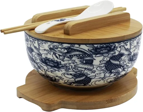 Vista 2 de XWORLD Juego de cuencos de cerámica japonesa para fideos ramen con cuchara de cerámica, palillos de bambú, tapa y salvamanteles, capacidad