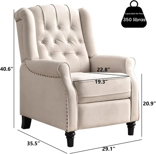 Vista 2 de 2 Sillas Reclinables Pushback, Sillones de Tela con Respaldo Reclinable y Decoración de Remaches, Sofá Individual Silla de Acento para Sala de Beige