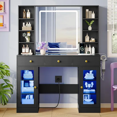 Vista 2 de Escritorio de tocador de maquillaje con espejo iluminado HD y toma de corriente, juego de mesa de tocador con parte superior de vidrio con cajones