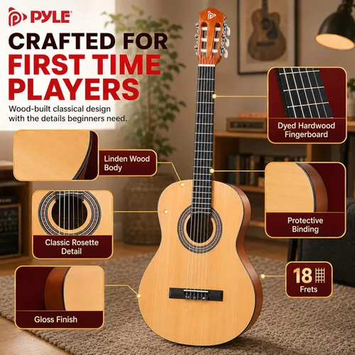 Vista 5 de Kit de guitarra acústica para principiantes Pyle, tamaño junior 3/4, instrumento completamente de madera con kit completo de accesorios, púas
