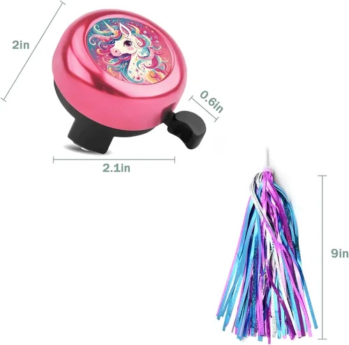Vista 6 de Campana de bicicleta para niños con 2 piezas de serpentinas de bicicleta para niñas, lindos accesorios para bicicletas de niños